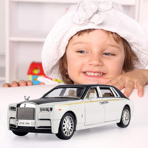 1/24 Rolls-Royce Phantom Modelbil, Zink Legetøjsbil med Trækfunktion, Lyd og Lys til Børn Pige Dreng Gave (Hvid)