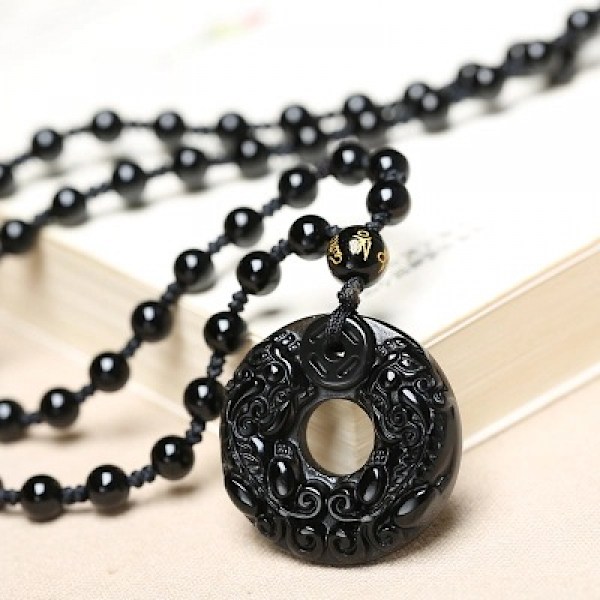 Obsidian Donut Rauhan Solki PIXIU Amulettin Kaulakoru Ripustus Helmiketjulla Miehille