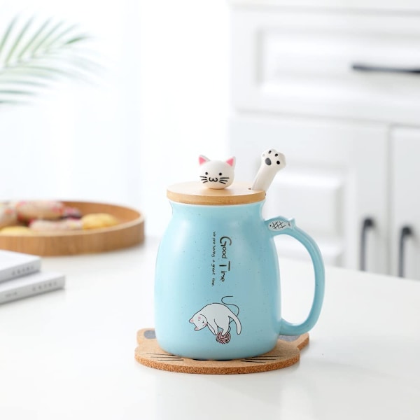 Sød kattekrus i keramik med sødt kattelåg, kattepote-ske, kawaii-coaster, julekrus til morgenkaffe, te, mælk, blå