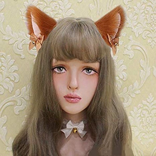 Söt varg katt hund öron pannband med klockor bågar Halloween Cosplay kostym fest huvudbonad hår accessoarer hårband huvudbonad för kvinnor män vuxen brun