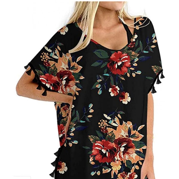 Kvinders Chiffon badedragt Strand badetøj Cover Ups til badetøj --- Sort blomst L（Størrelse 2XL）