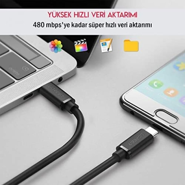 USB-C - USB-C 3A Nopea Lataus- ja Datakaapeli Musta 0,5 Metriä