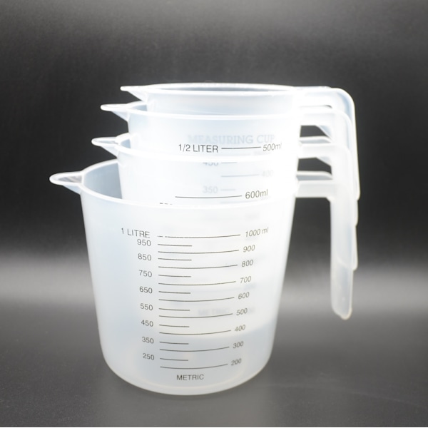 4-delad mätkopp för bakning, 250/500/600/1000 ml set, hushållsmätkopp i plast, transparent graderad kopp