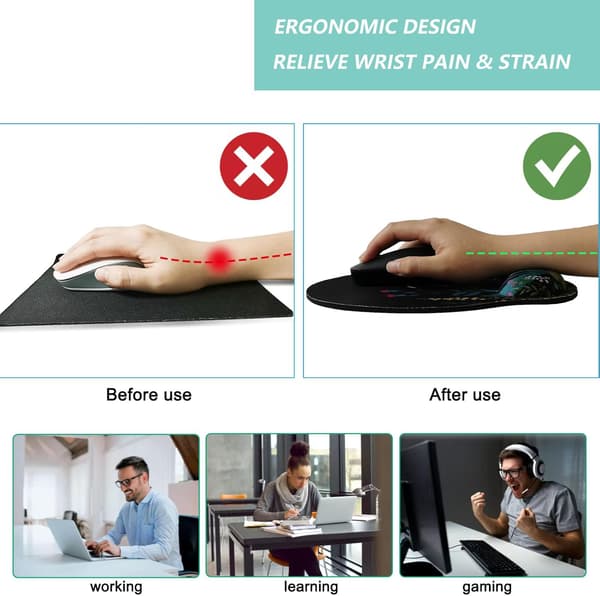 Musematte med håndleddstøtte, ergonomisk musematte med minnefoam håndleddstøtte, sklisikker gummi bunn spillmusematte for hjemmet