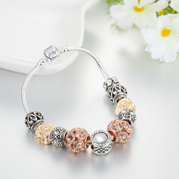 Berlockarmband för kvinnor, Ormbenskedja med pärlor i kristall, Låsarmband (storlek: 17 cm)