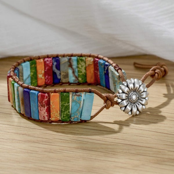 AVEKI 7 Chakra Armband för kvinnor med äkta stenar Läderomslag Healing Bead Armband Kvinnor Män Boho Vänskapssmycken, Solrosknapp