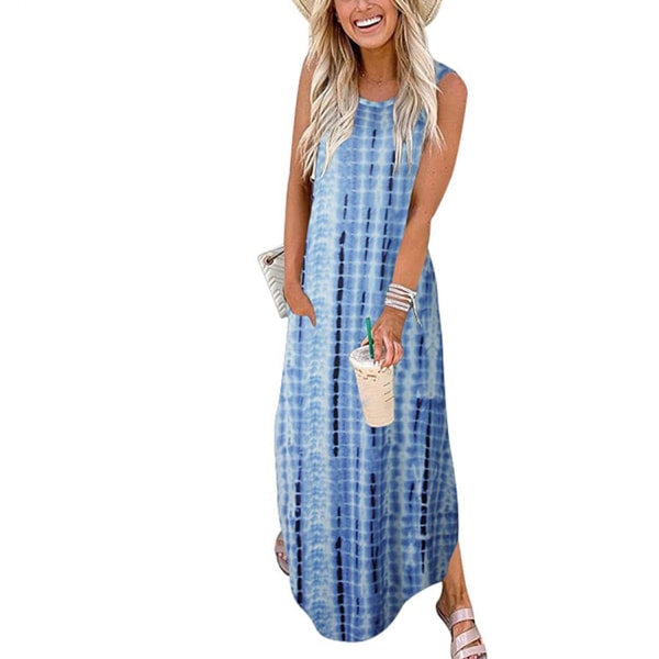 Kvinnors casual solklänning lång klänning ärmlös splittad Maxiklänningar Sommar strandklänning med fickor ----- Blå （Storlek L）