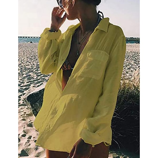Kvinder Langærmet Strandskjorte Bluser Turn Down Krave Badetøj Cover Ups, G-ginger