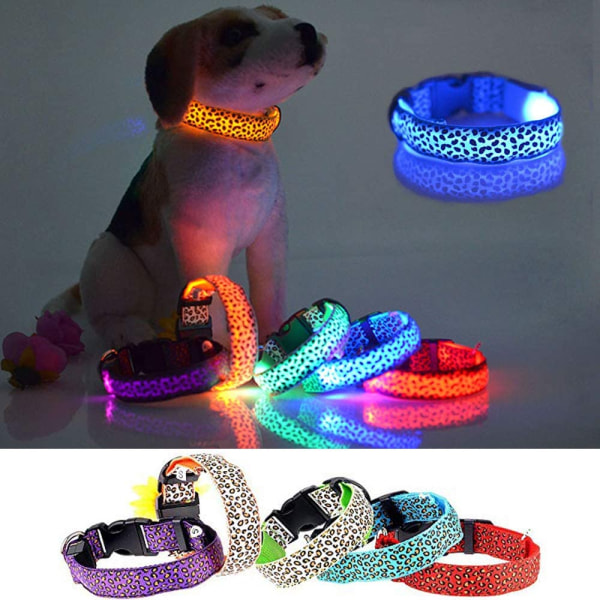 LED-lysande hundhalsband med leopardblixt valphalsband nattsäkerhetsbelysning justerbart halsband (L,blått)