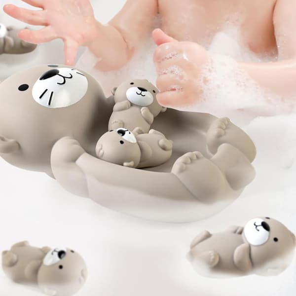 Odderfamilie badelegetøjssæt, stort flydende odderkar med 3 mini-odder sprøjtelegetøj til badekar og poolleg, blødt silikone vandlegetøj grey