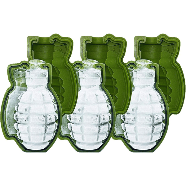 3-pack 3D Granat Isbitsform, Grön Silikon Handgranatformad Isbollsbricka för Whiskey, Nyhet Ismaskin Present för Män och Mi