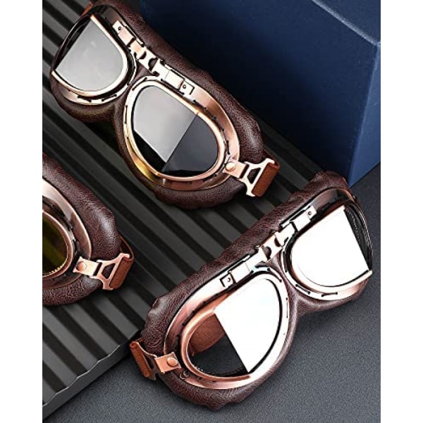 3 delar av motorcykelglasögon retrostil Uv-resistenta glasögon halvhjälm Dammtät och vindtät - brun