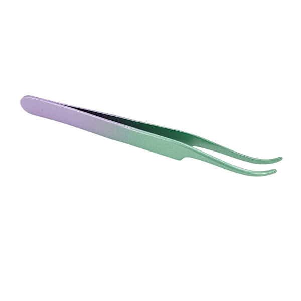 Lash Tweezers i rostfritt stål, tät bit, böjd, för fransförlängning, grön lila gradient
