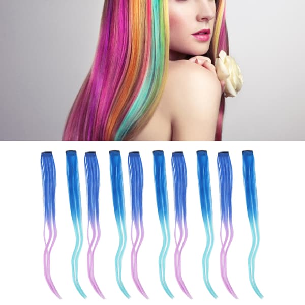 10 stk. Farverige Hår Extensions Blå Gradient Lys Lilla Lang Lige Highlights Hårstykke