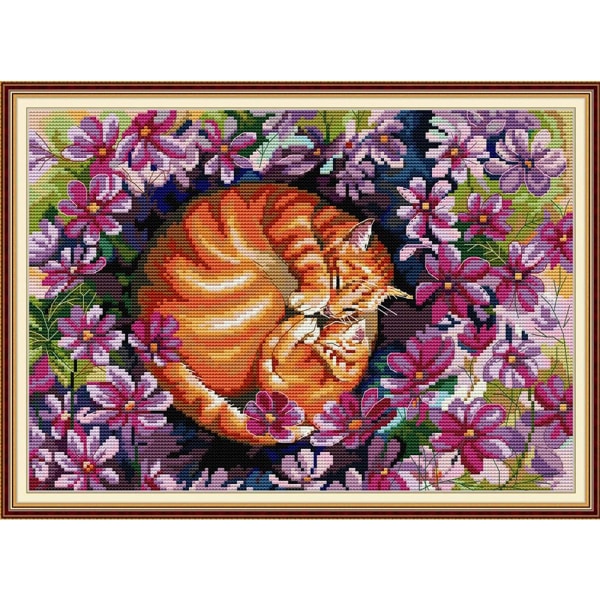 Cross Stitching Kits for Adults Stamped-DIY 11CT 3 Strands Embroidery Animal Patterns Needlepoint Kits for Adults-Cat in Flowers 18.9x14.6 inch