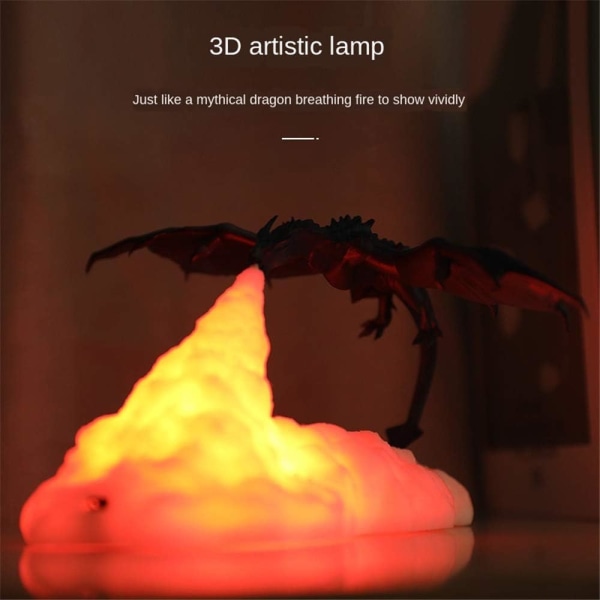 3D Eldandande Nattljus Drake, 3D-utskrift Flame Dinosaur Lamp Stämningsljus USB Uppladdningsbar, för Vardagsrum Sovrum Inredning Festival Barn Present F