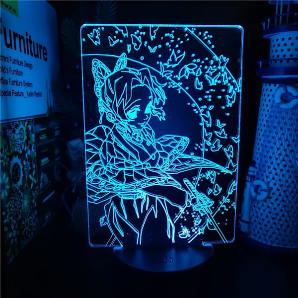 WJ Anime 3D-lamppu Kochou Shinobu Kimetsu Värikäs Lampara Makuuhuoneen Sisustus Pöytälamppu Manga Lahja Anime Illuusiolamppu PXJD tolerans för fjärilslarver