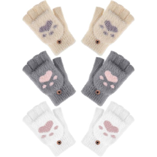 3 Par Vinter Fingerlösa Vantar Varma Omvandlingsbara Vantar Klaffskydd Katt Tass Vantar för Kvinnor Kallt Väder Cosplay (Mörkgrå, Vit