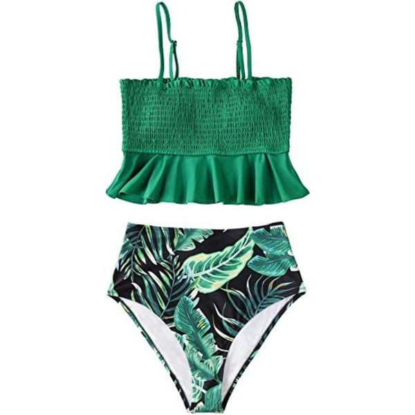 Tvådelad baddräkt med hög midja, bikini med volang för tropiska semester, sommar, strand （svart）XXL