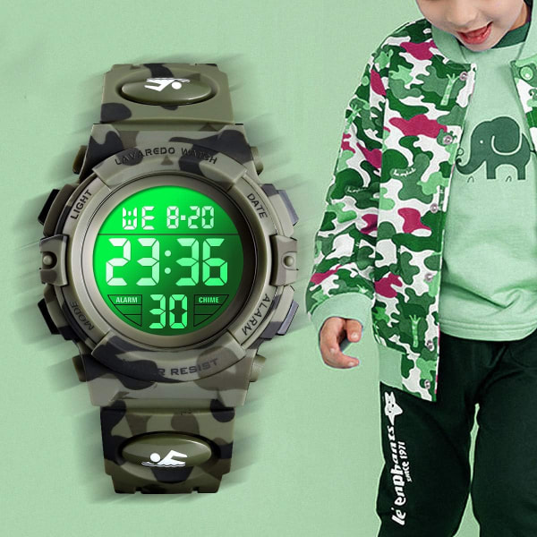 Armégrön Watch, Watch för 6-15 år Digital Sport Outdoor Multifunktionell Kronograf LED 50 M Vattentät watch för barn med silikon