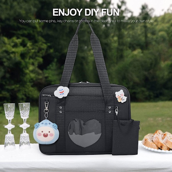 AVEKI Ita Bag Sydän Japanilainen Koululaukku Suuri Anime Olkalaukku Kawaii Käsilaukku Naisille, Musta