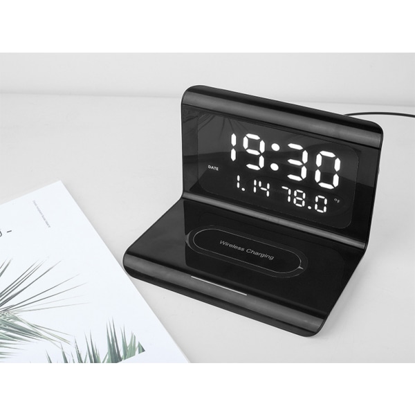 Kreativ digital väckarklocka, klocka trådlös snabbladdning, multifunktions tre-i-ett mobiltelefon trådlös laddnings väckarklocka Svart