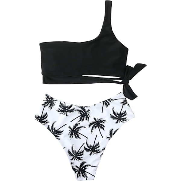 Damer En Skulder Høj Talje Bikini Snørebånd Høj Skæring Todelt Badetøj til Ferie, Svømning, Pool (Sort + Kokospalme) XL