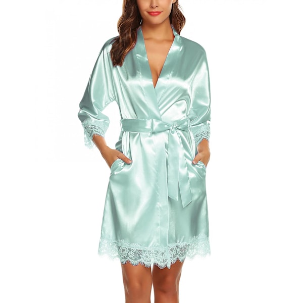 Dame Satin Silke Badekåbe Skrå V-Hals Kort Kimono Kåbe Brudepige Kåbe  ------ Mint Grøn (Størrelse M)