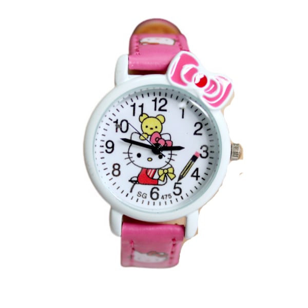Barn lär sig tid kvartsur, tecknad 3D-rem, läs tid studietid Todder-klocka, Kindergarten Learn Time Watches（rosröd）