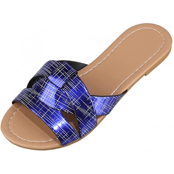 Kvinners sommer flate slides sandaler casual stropp kryss slip på sliders strand flate sandaler for kvinner ---- Blå（Størrelse 35）