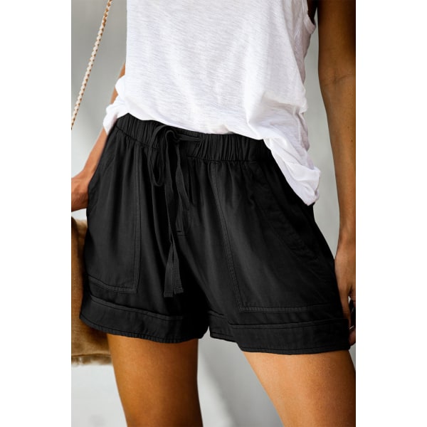 Casual Shorts för kvinnor, bekväma dragsko med elastisk midja sommarshorts med fickor --- Svarta (Storlek 5XL)