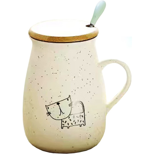 Sööt keraaminen kissamuki kahvikupilla kannella ja lusikalla, irtolehtiteelle, kaakaolle, teekuppeille, 12.85 oz tilavuus (Posliini)