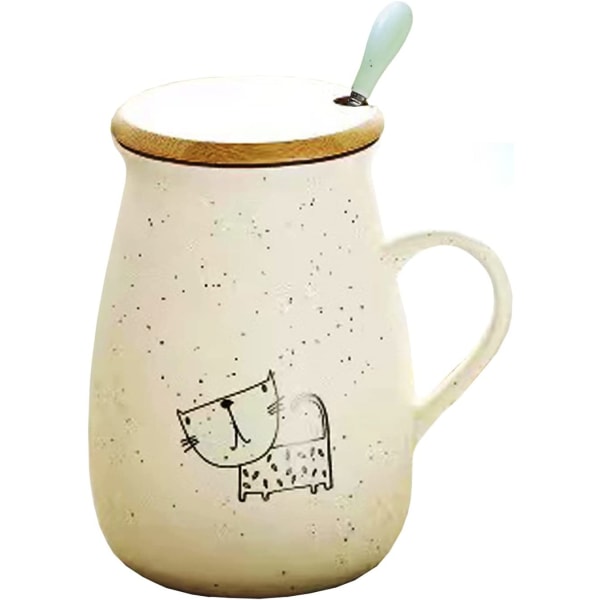 Söt katt keramisk mugg kaffekopp med lock och sked, används för lösbladste, kakao, tekoppar, 12,85 oz kapacitet (porslin)