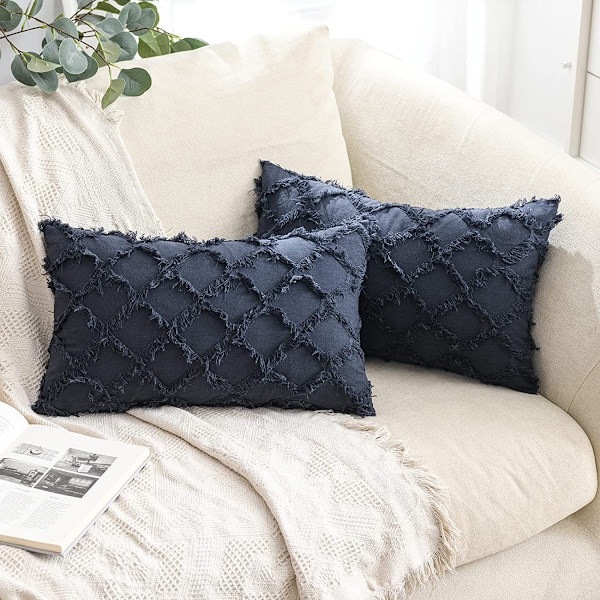 2-delt Boho putetrekk Rutete Frynser Farmhouse Lin Plaid Texture Pudetrekk for Sofa Soverom Sofa Stue (Marineblå, 12 X 20 Tommer)