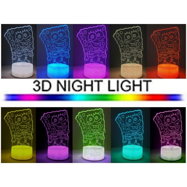 WJ Nattlampa för barnens sovrum. Fjärrkontroll Flerfärgsläge 3D illusionslampa. Bästa gåvan för barn födelsedag, jul. Enkel användning med Svampbob Fyrkant
