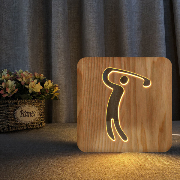 Nattlys i tre med golfmotiv, 3D-lampe, kreativ trelampe, enkel dekorativ lampe, 3D-treskjæringsmønster, LED-nattlys for skrivebord