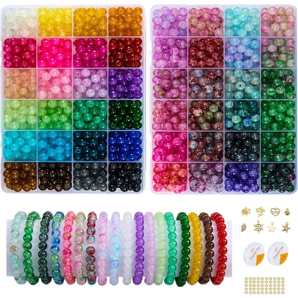 【2-pack】 Över 1300 runda glaspärlor för smyckestillverkning, 48 färger 8 mm kristallpärlor för armband, smyckestillverkning och gör-det-själv-hantverk Parent Solid+Printing