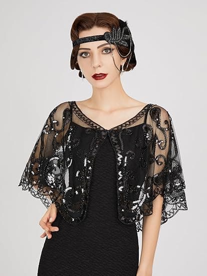 Kvinders 1920'er Flapper Sjal, Sequinbesatte Sjal og Wraps til Aften Sort