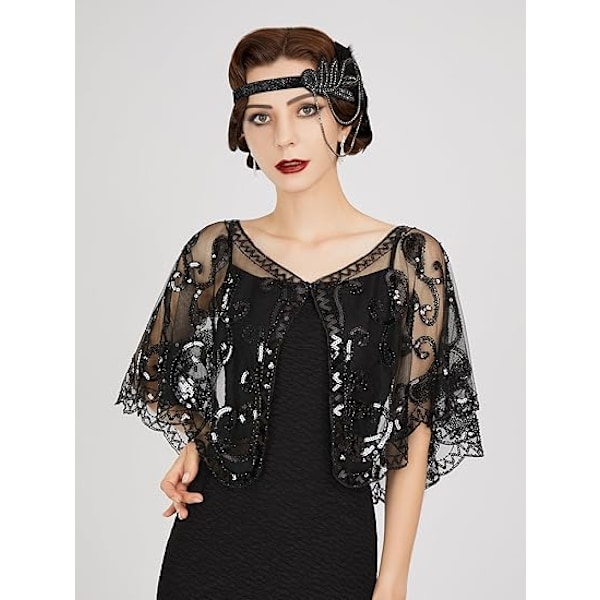 Kvinners 1920-talls Flapper-sjal, Sekvens- og Perlebesatte Sjal og Wraps for Kveld, Svart