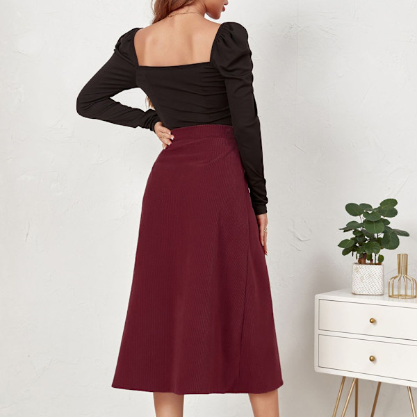 Kvinnors hög midja gunga utsvängd casual skater kjol Burgundy,L