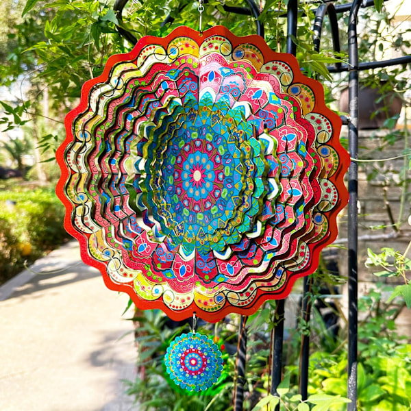 Tuulensuojus Ulkona Metalli Mandala Punainen-Sininen 12 tuumaa 3D Ruostumaton Teräs Puutarha Veistos 3D Tuulensuojus Riippuva Piha Puutarha Sisustus Gi Mandala Red-blue