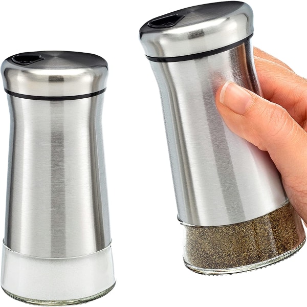 Glass Salt and Pepper Shakers Set with Adjustable Pour Holes - Stainless Steel Salt Shaker and Pepper Shaker, Kosher Sea Salts & Spices（2 Pieces