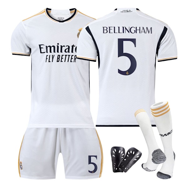 Real Madrid Hemma Bellingham Nr 5 Jersey, Barn, Vuxen Fotbollsträningsdräkt, Topp + Byxor + Strumpor 18 Top+pants+socks+protective gear