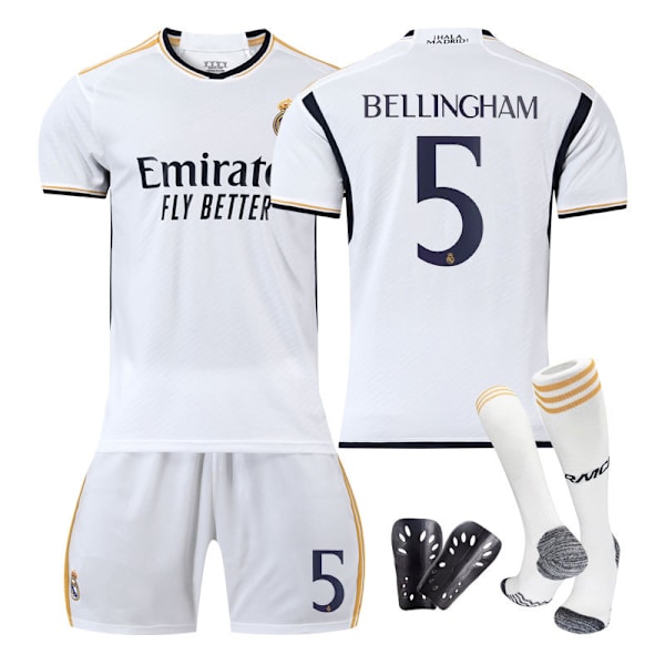 Real Madrid Hjem Bellingham nr. 5 drakt, barn, voksen fotballtreningsdrakt, topp + bukse + sokker 18 Top+pants+socks+protective gear