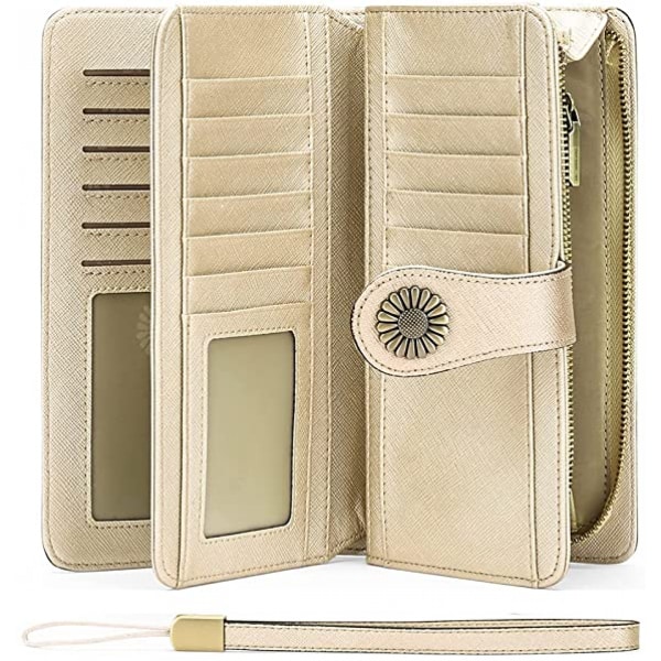 Plånböcker för kvinnor Läder Kreditkortshållare med RFID-blockering Stor kapacitet Wristlet, 4-Cross-Gold