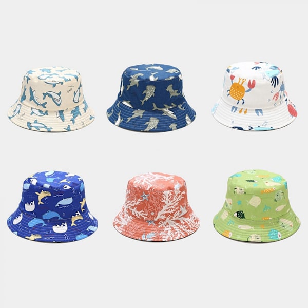 AVEKI Unisex Havsdjursmönstrad Bucket-hatt Dubbelsidig Bärbar Reversibel Fiskarhatt