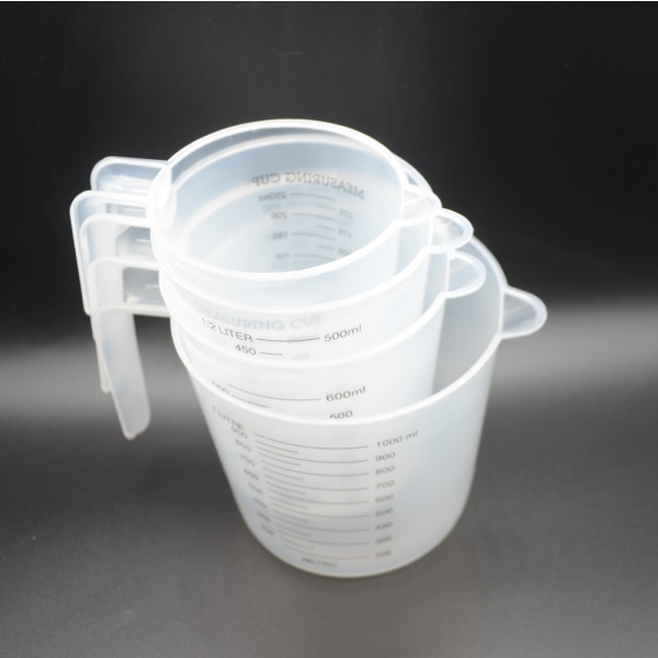 4-delad mätkopp för bakning, 250/500/600/1000 ml set, hushållsmätkopp i plast, transparent graderad kopp