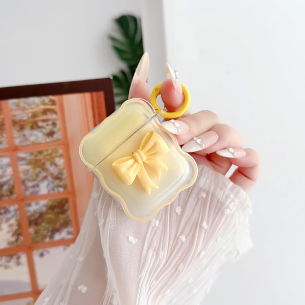 Sødt AirPods 2/1 Generations Gennemsigtigt Etui, Pigeagtigt 3D Sløjfe Design Blød TPU Beskyttende Stødsikker Kawaii Apple iPod 2./1. Generations Cover Bow Yellow+Cleaner Kit