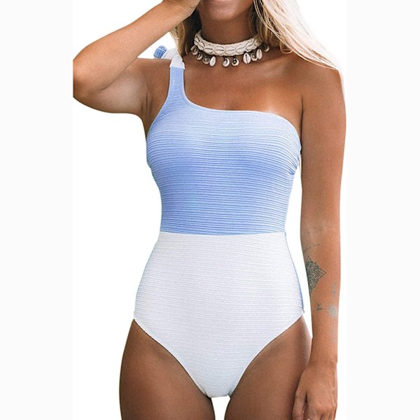 Dam One Piece Baddräkt Colorblock En Axelbåge Rosett Baddräkt för Tropiska Semestrar, Sommar (ljusblå) XXL