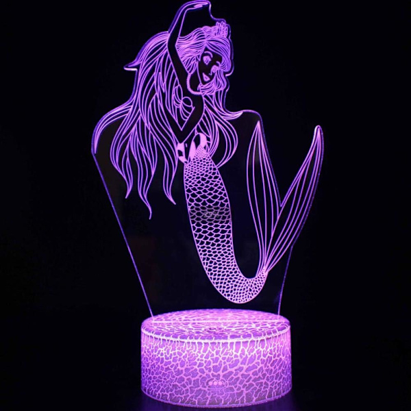 WJ 3D Illusion Lampe Havfrue Stemningslys 7 Farve Skiftende Akryl LED Nattelys USB Kabler Soveværelse Skrivebordsdekoration